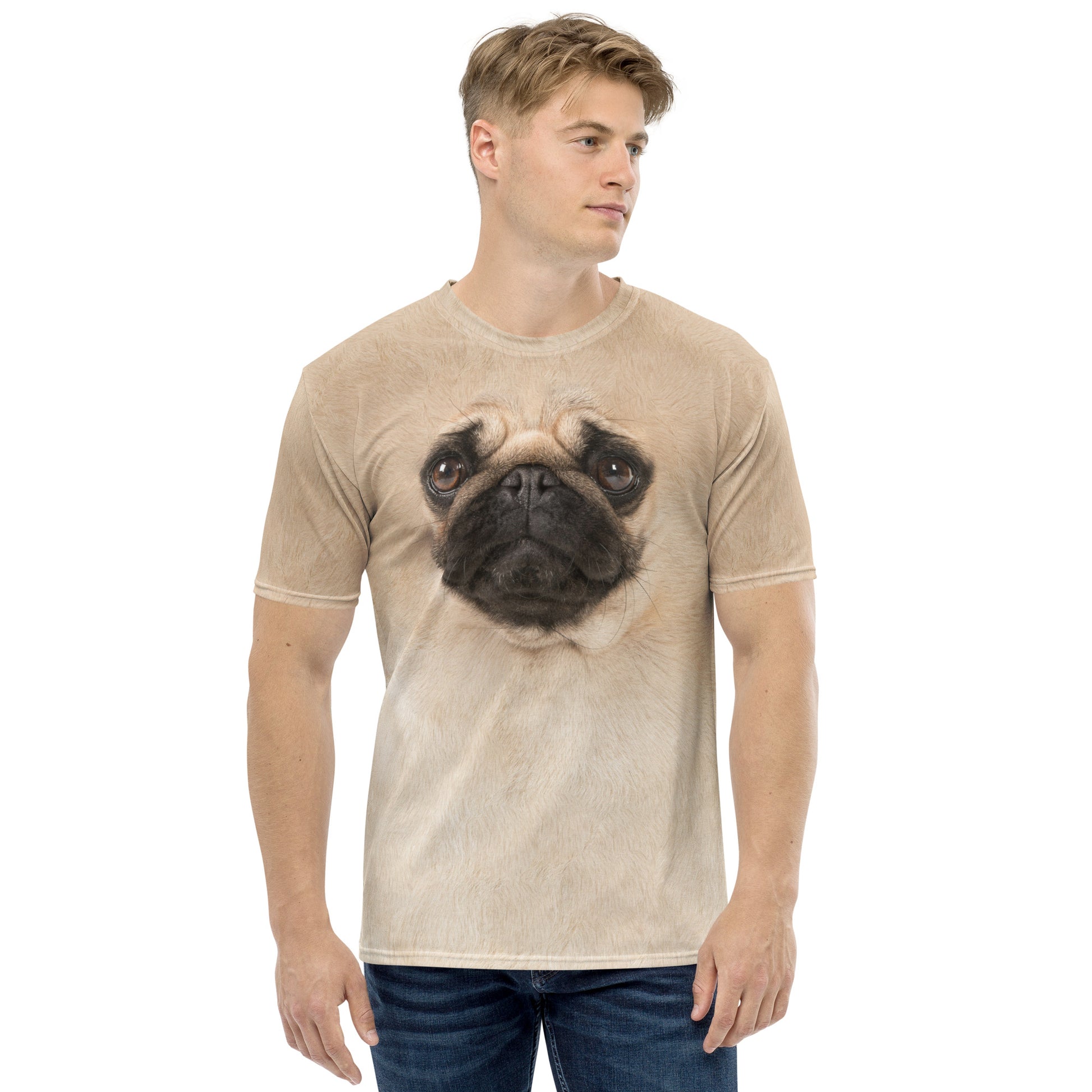 male model wearing Pug Dog face all over print men's T-shirt front view