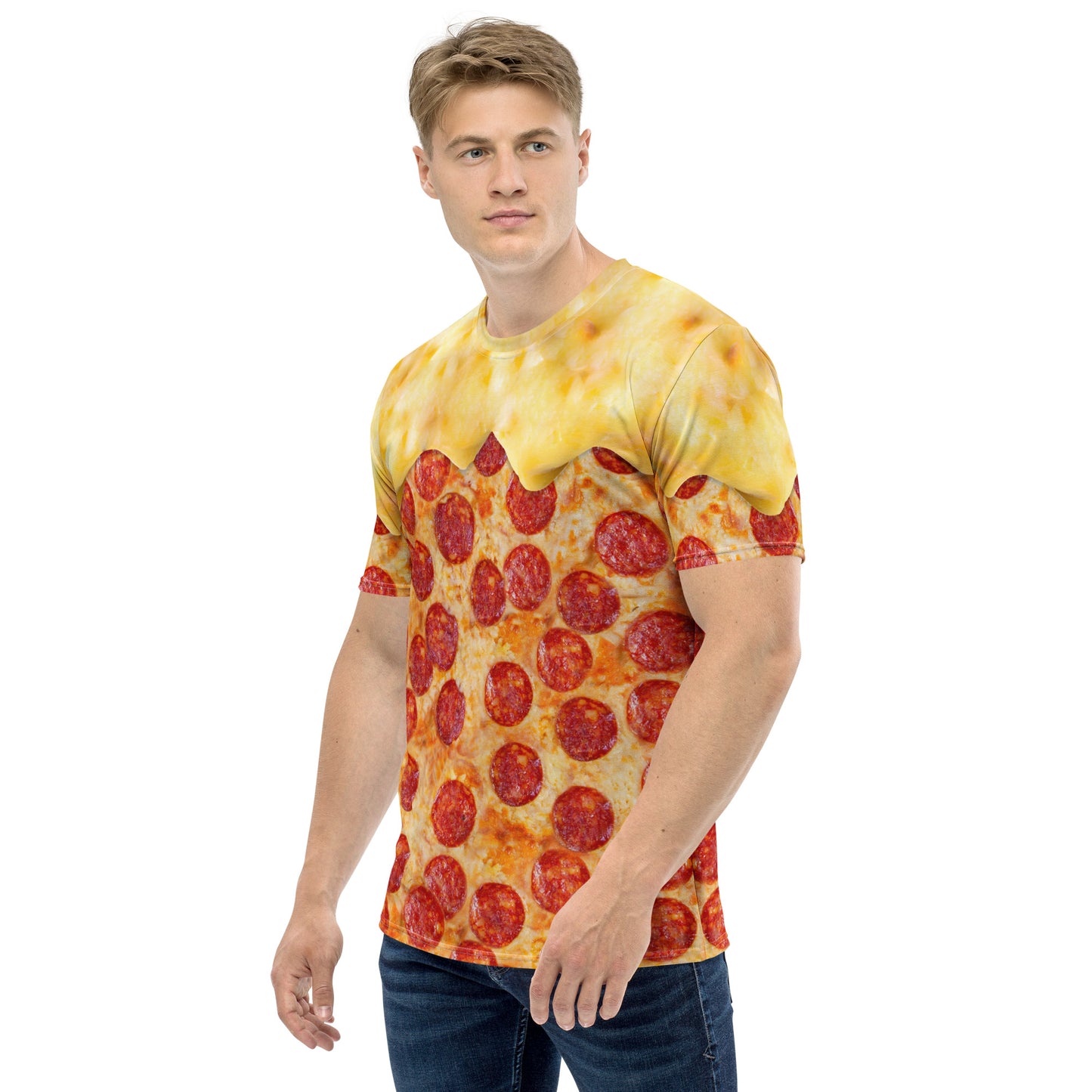 male model wearing Men's pepperoni pizza with melting cheese all over print T-shirt front left