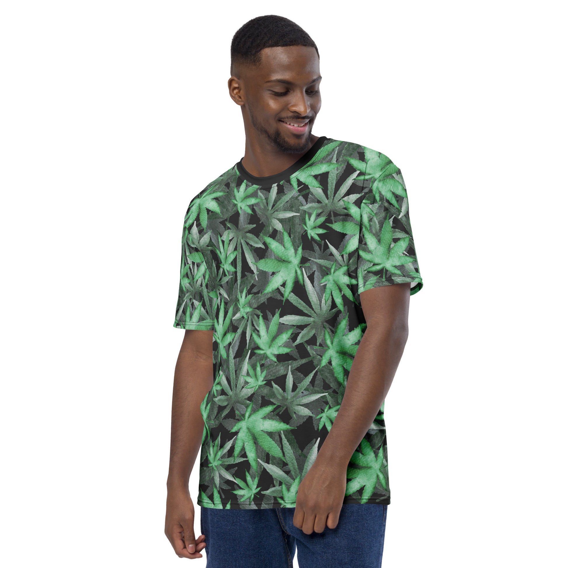 male model wearing Cannabis marijuana weed leaves all over print men's T-shirt facing front left