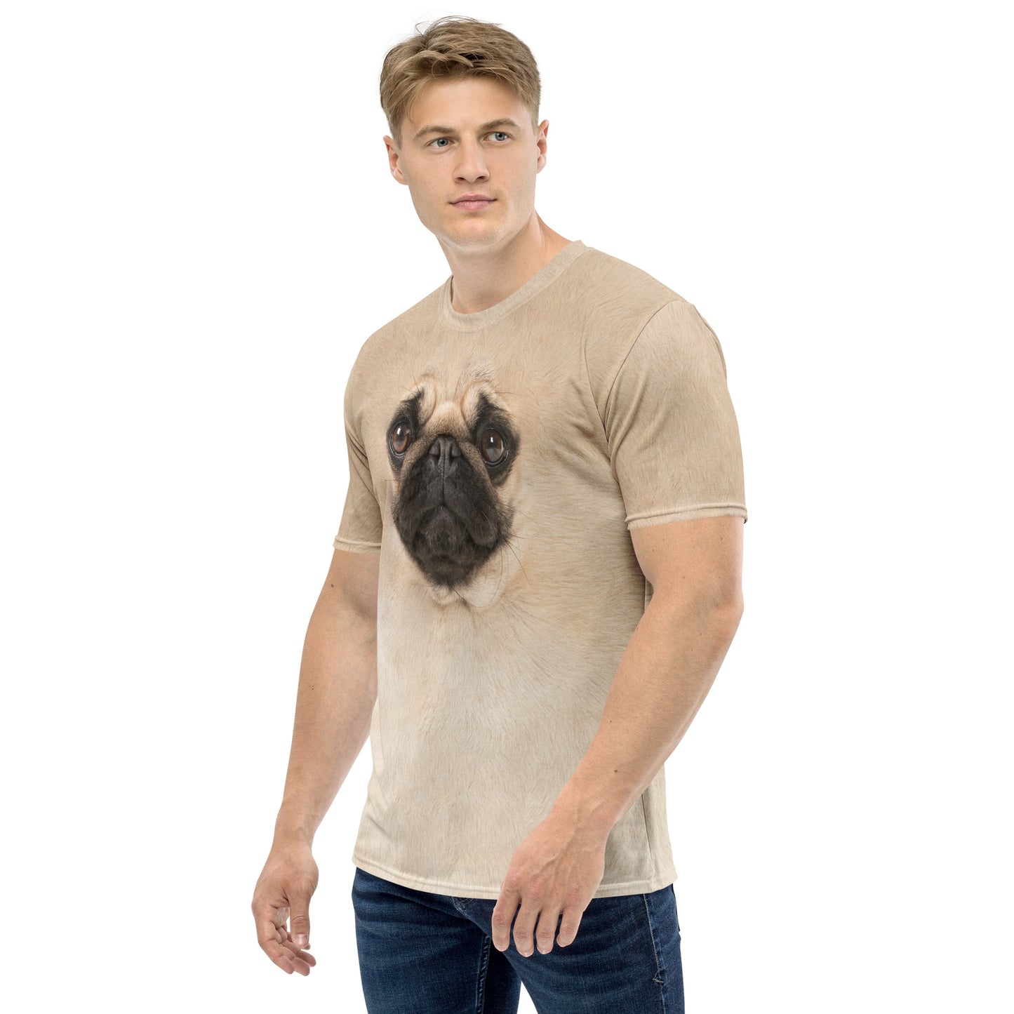 male model wearing Pug Dog face all over print men's T-shirt front left view