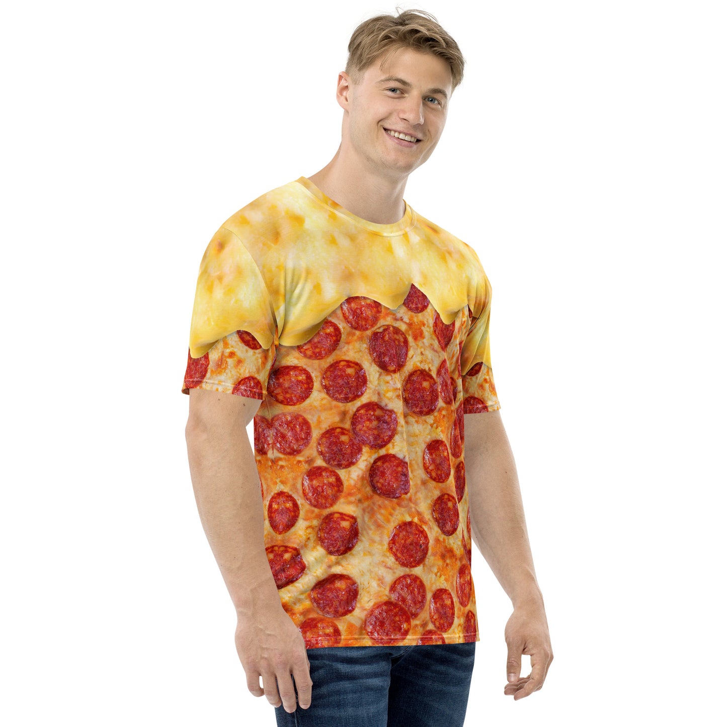 male model wearing Men's pepperoni pizza with melting cheese all over print T-shirt front right