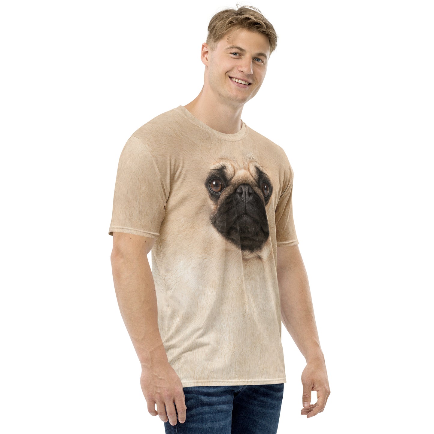 male model wearing Pug Dog face all over print men's T-shirt front right view