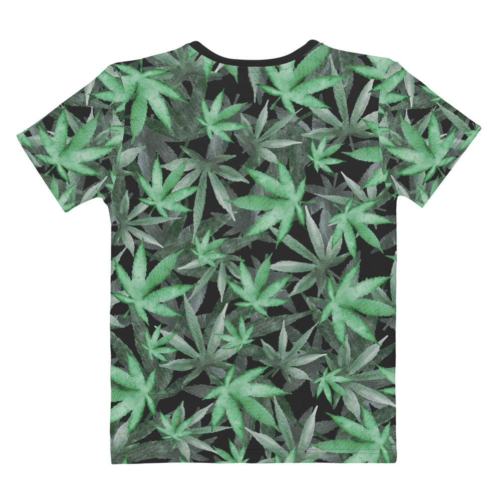 Cannabis hemp leaves all over print women's T-shirt laid flat back