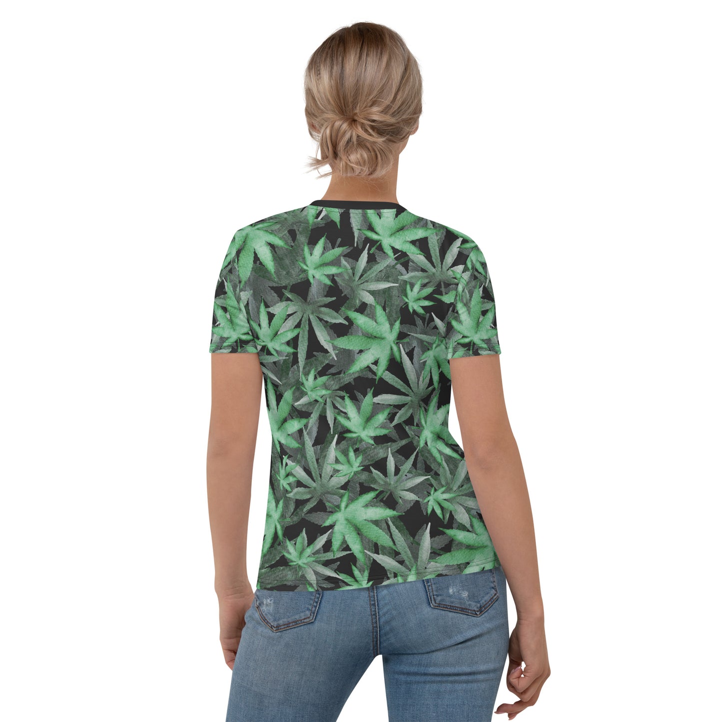 female model wearing Cannabis hemp leaves all over print women's T-shirt rear view