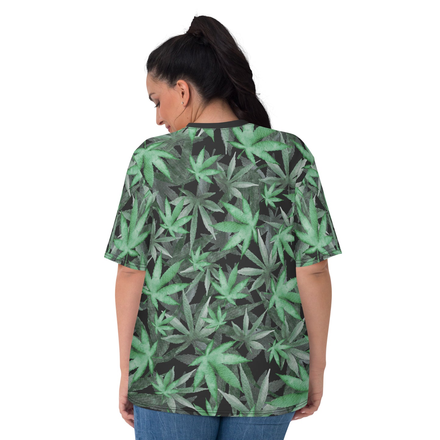 plus size model wearing Cannabis hemp leaves all over print women's T-shirt back