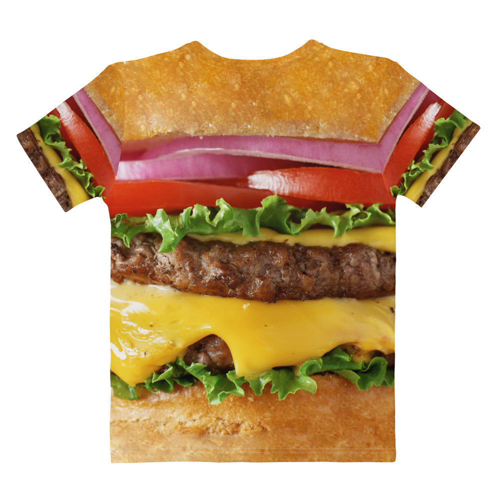 Cheeseburger all over print women's T-shirt laid flat back