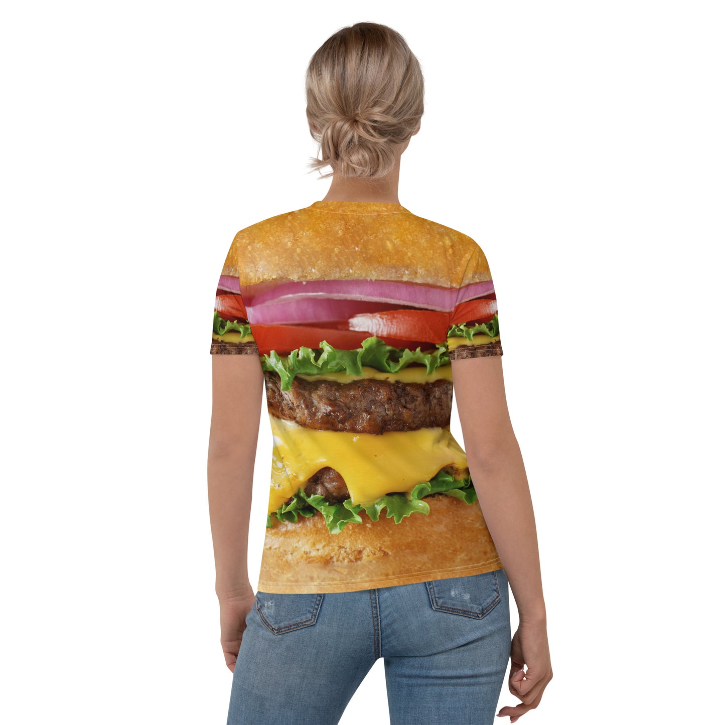 woman wearing Cheeseburger all over print women's T-shirt rear view