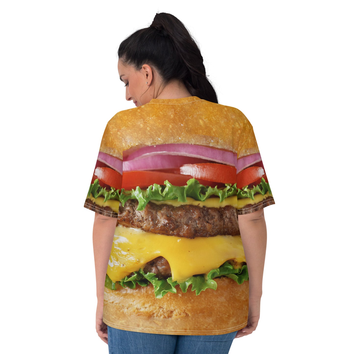 plus size model wearing Cheeseburger all over print women's T-shirt rear view