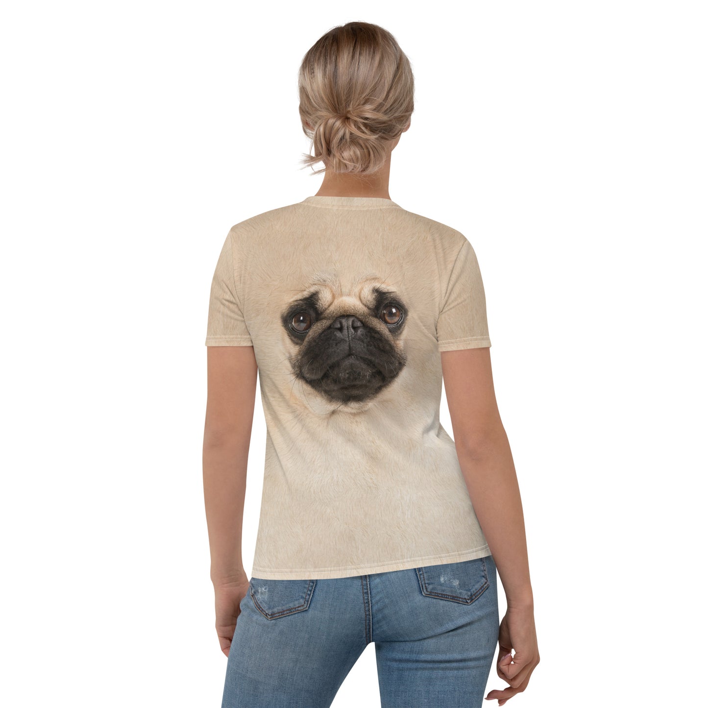 Pug Dog face all over print women's T-shirt female model rear view