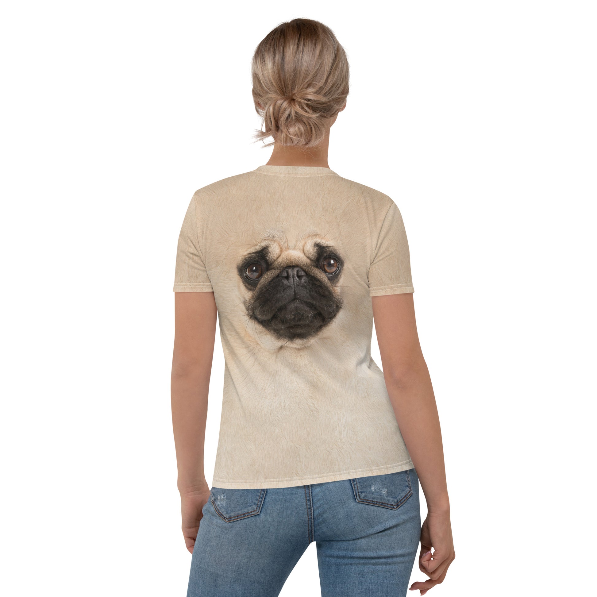 Pug Dog face all over print women's T-shirt female model rear view