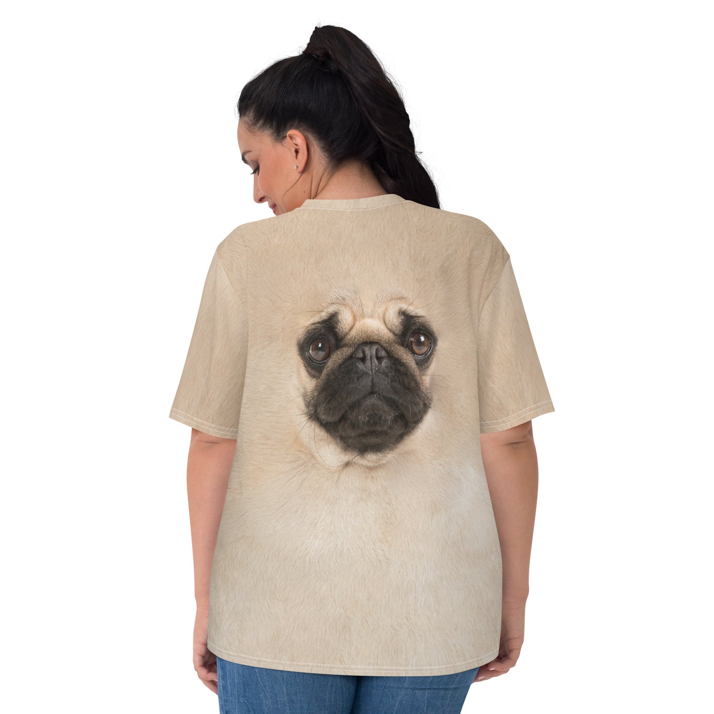 plus size model wearing Pug Dog face all over print women's T-shirt back