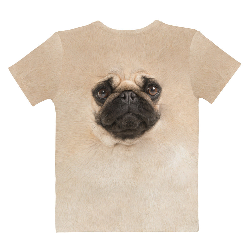 Pug Dog face all over print women's T-shirt laid flat back