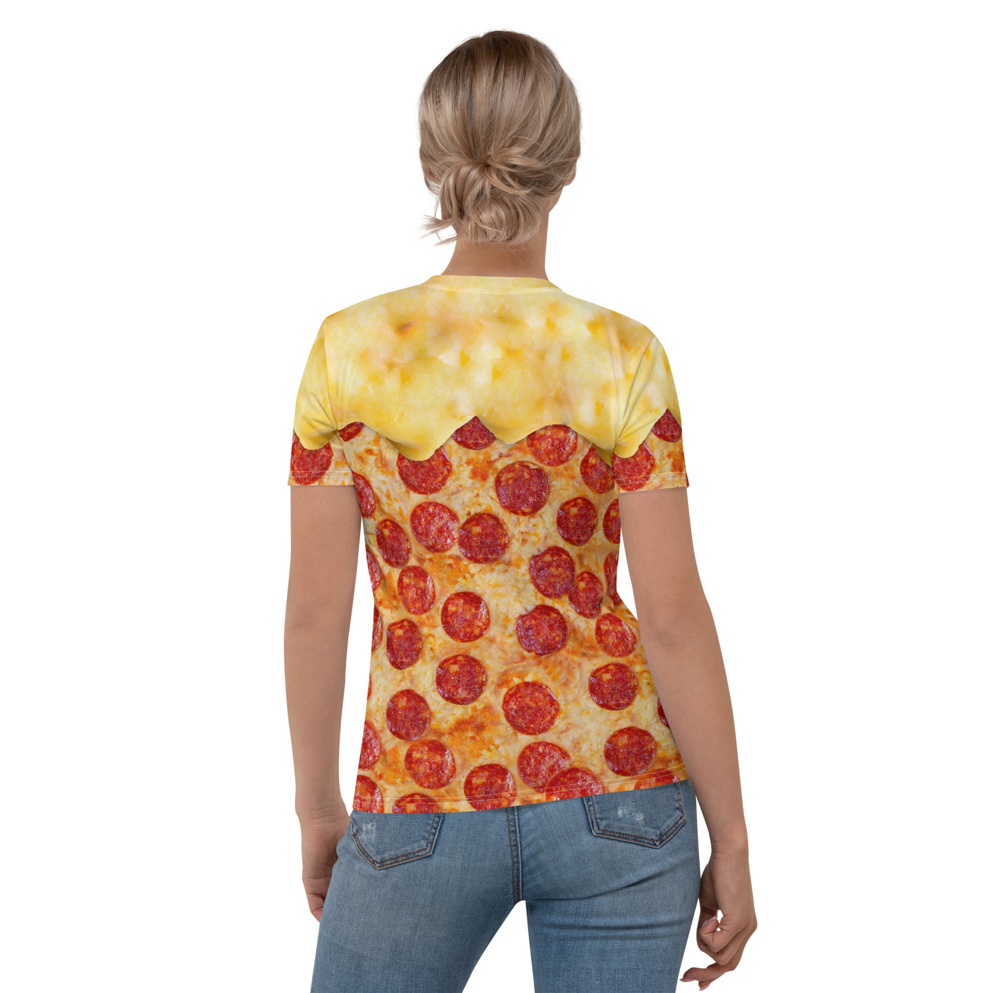 female model wearing Pepperoni pizza women's all over print T-shirt with melting cheese rear view