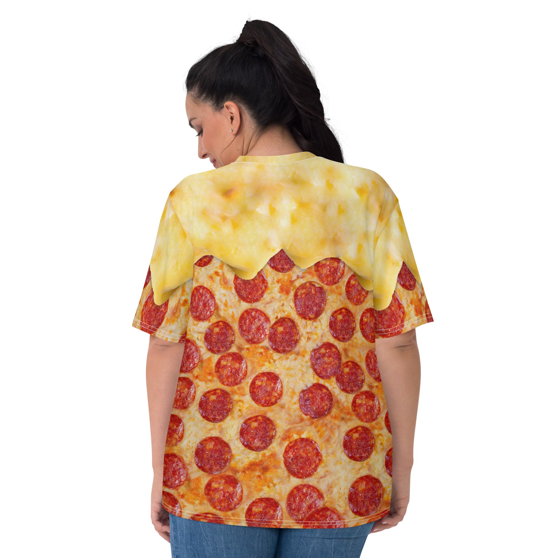 plus size model wearing Pepperoni pizza women's all over print T-shirt with melting cheese rear view