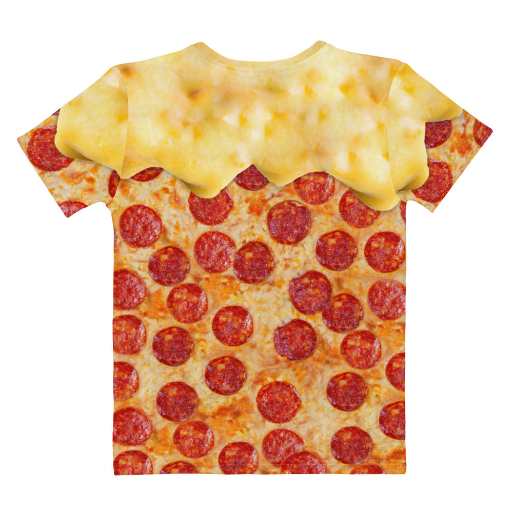 Pepperoni pizza women's all over print T-shirt with melting cheese laid flat back