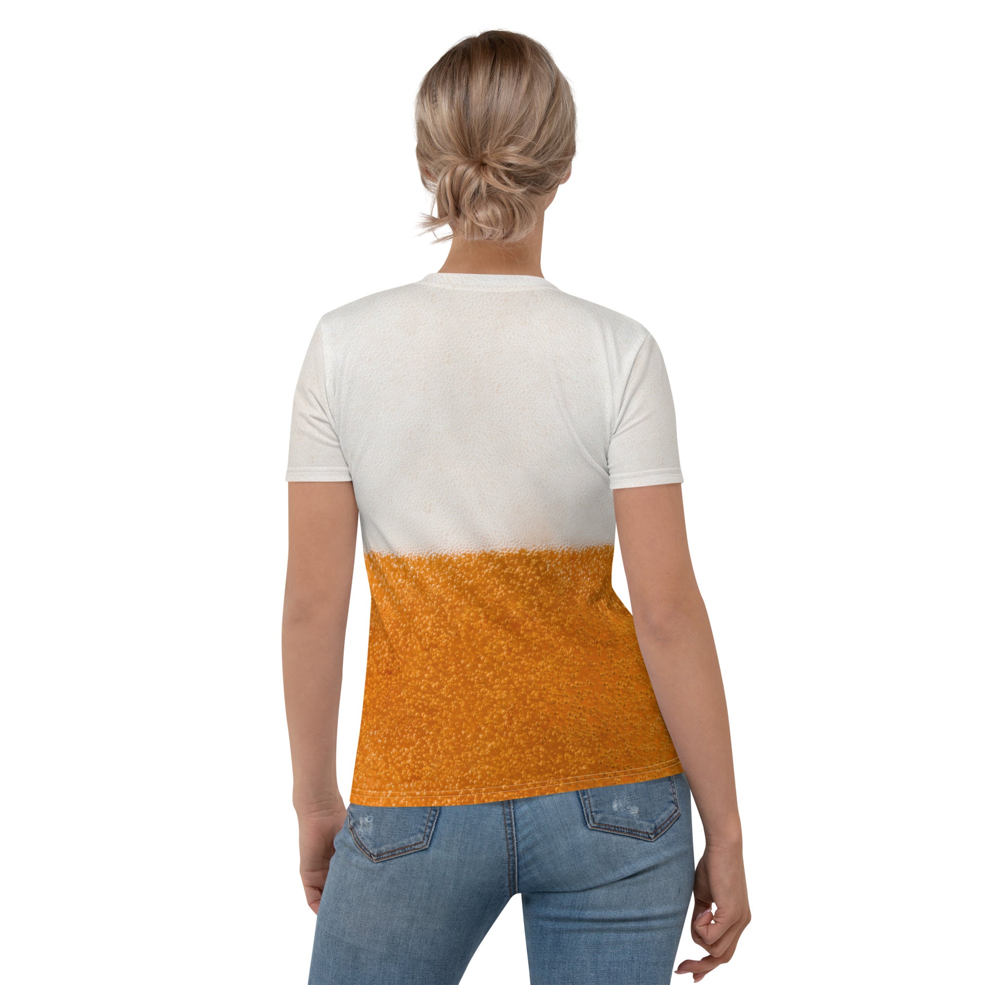 female model wearing Women's BEER BUBBLES all over print T-shirt rear view