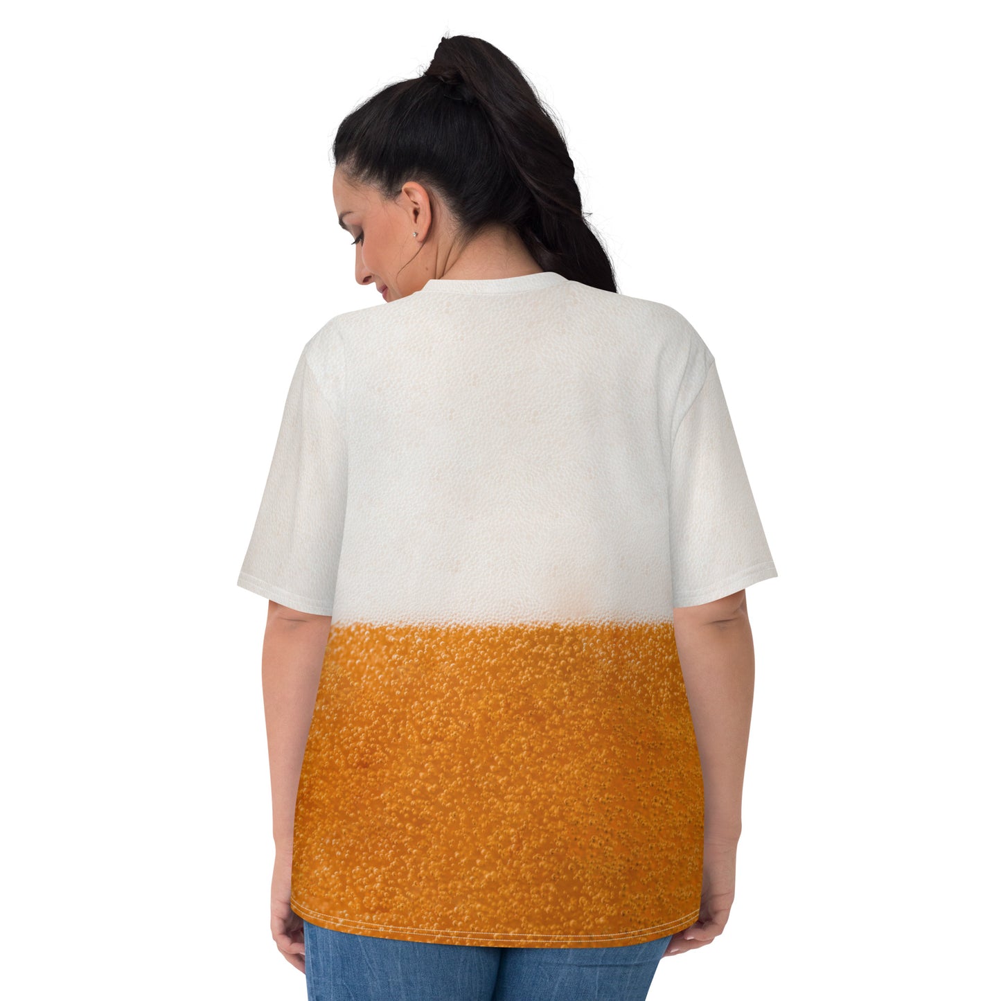 plus size female model wearing Women's BEER BUBBLES all over print T-shirt rear view