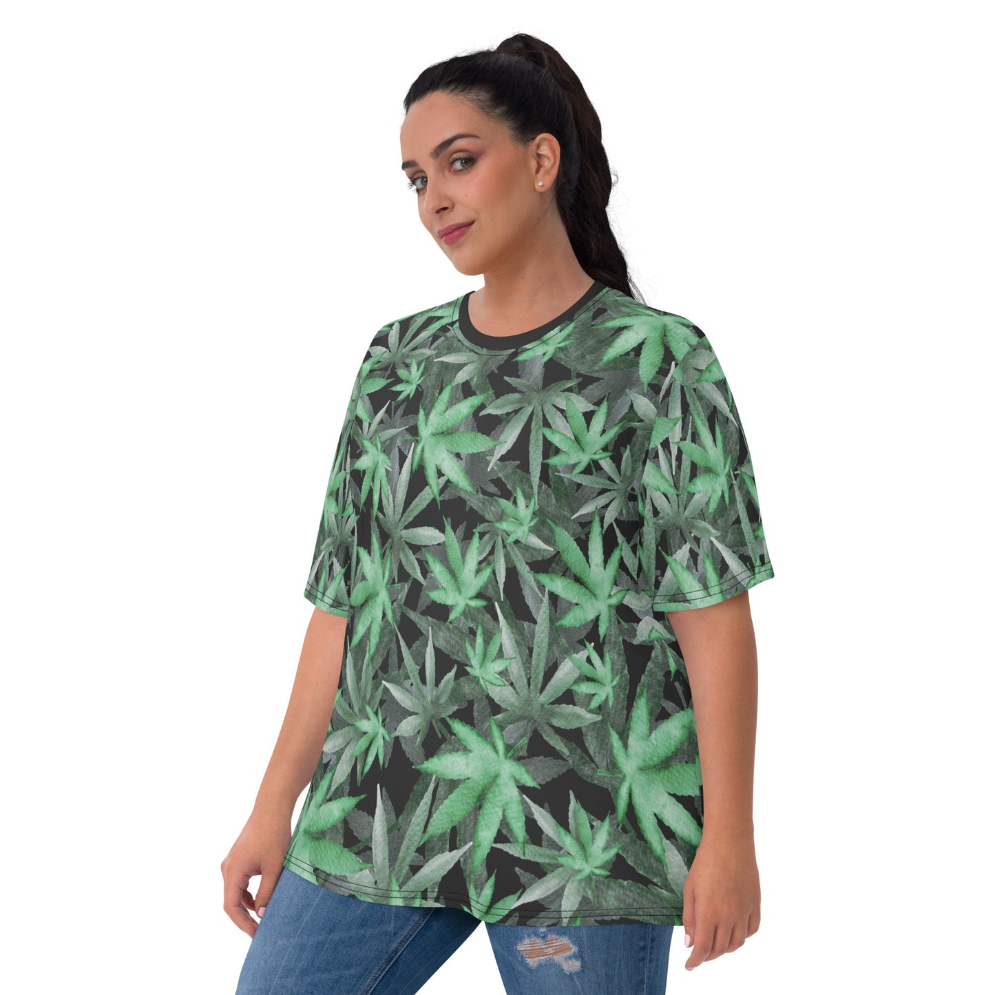 plus size model wearing Cannabis hemp leaves all over print women's T-shirt front