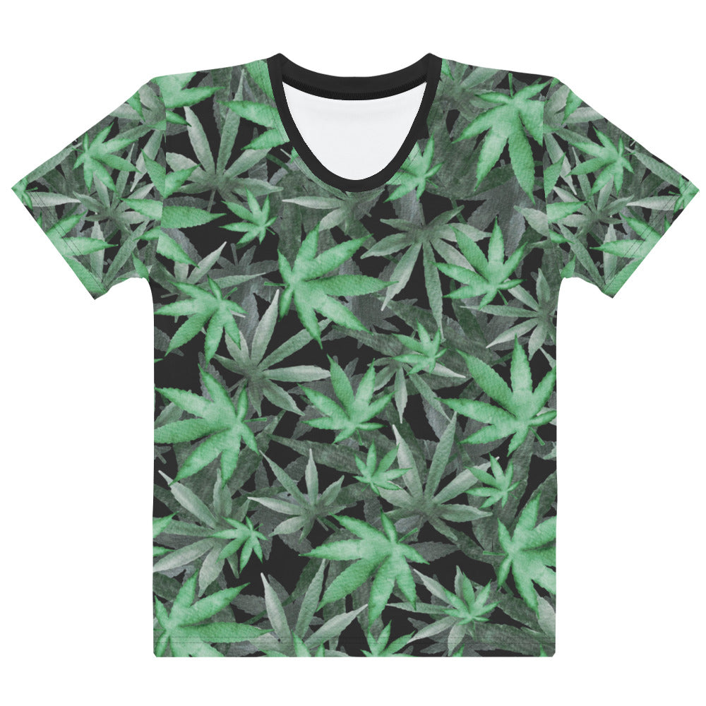 Cannabis hemp leaves marijuana all over print women's T-shirt laid flat front