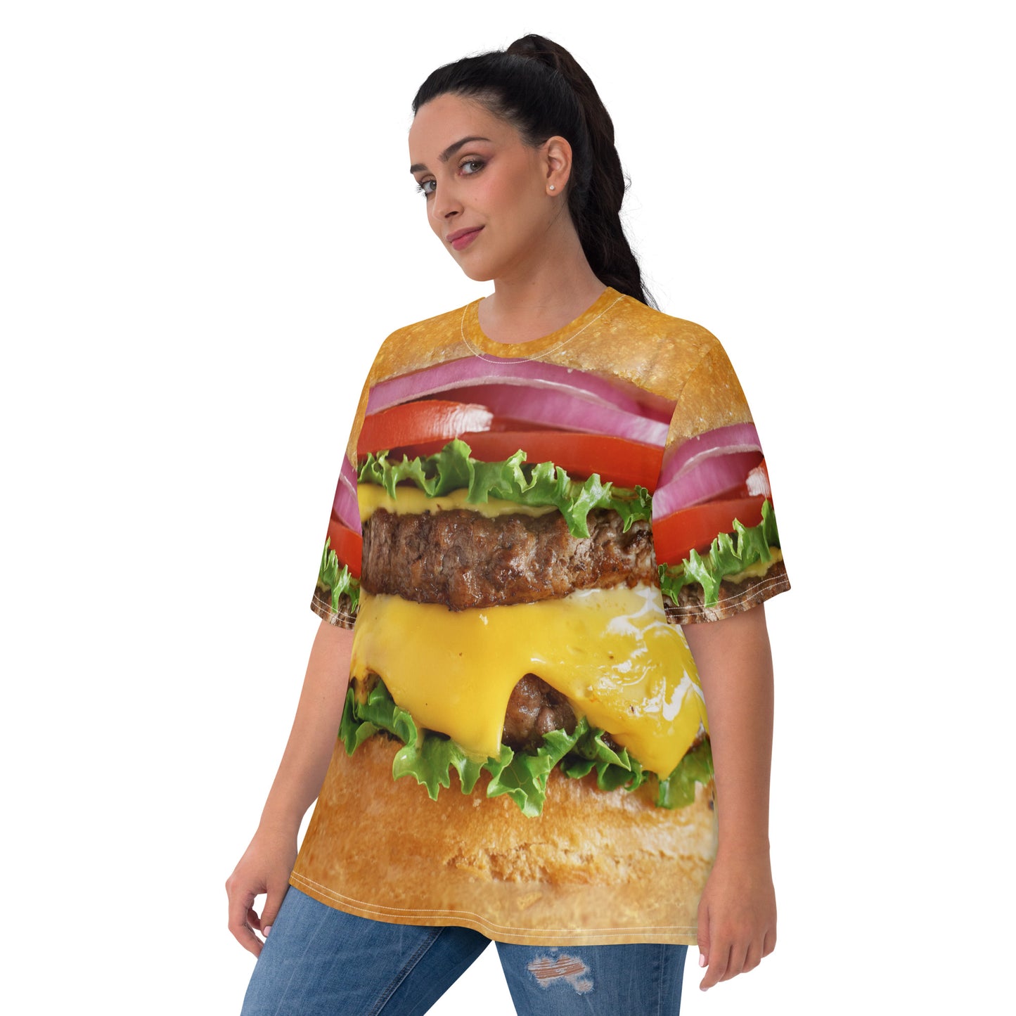 plus size model wearing Cheeseburger all over print women's T-shirt front view