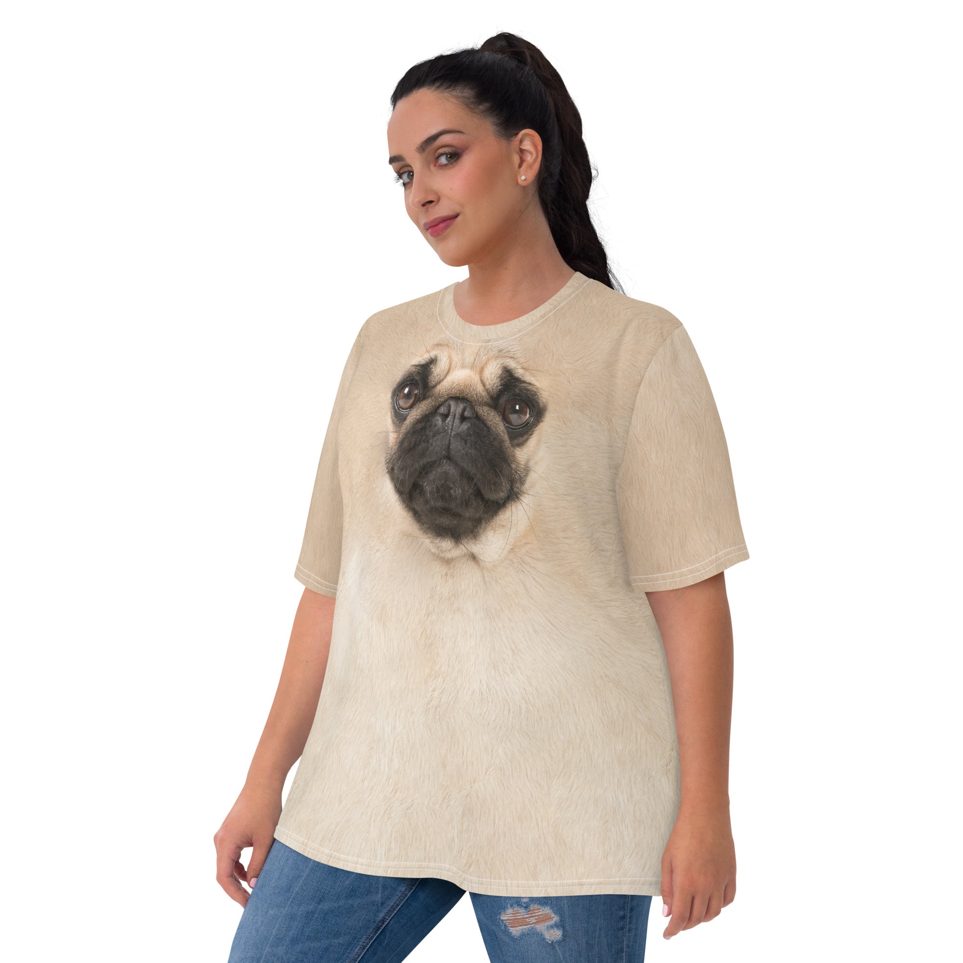 plus size model wearing Pug Dog face all over print women's T-shirt front