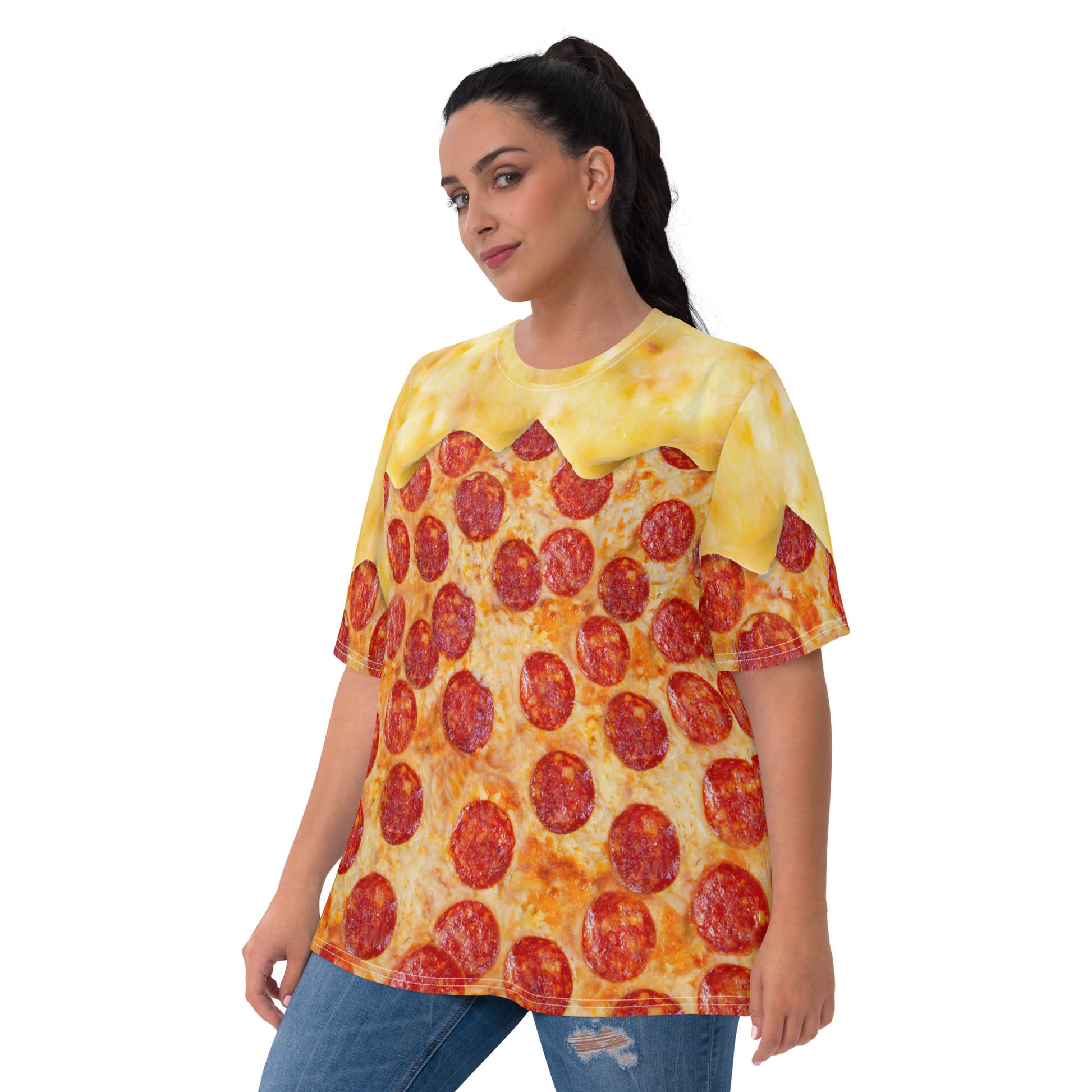 plus size model wearing Pepperoni pizza women's all over print T-shirt with melting cheese front