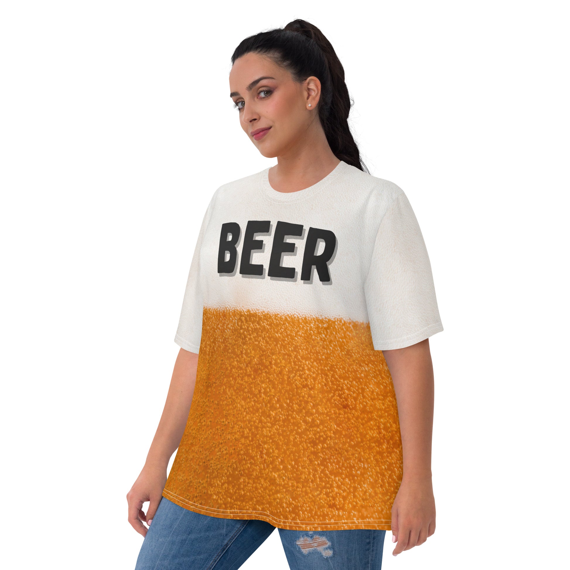 plus size female model wearing Women's BEER BUBBLES all over print T-shirt front view