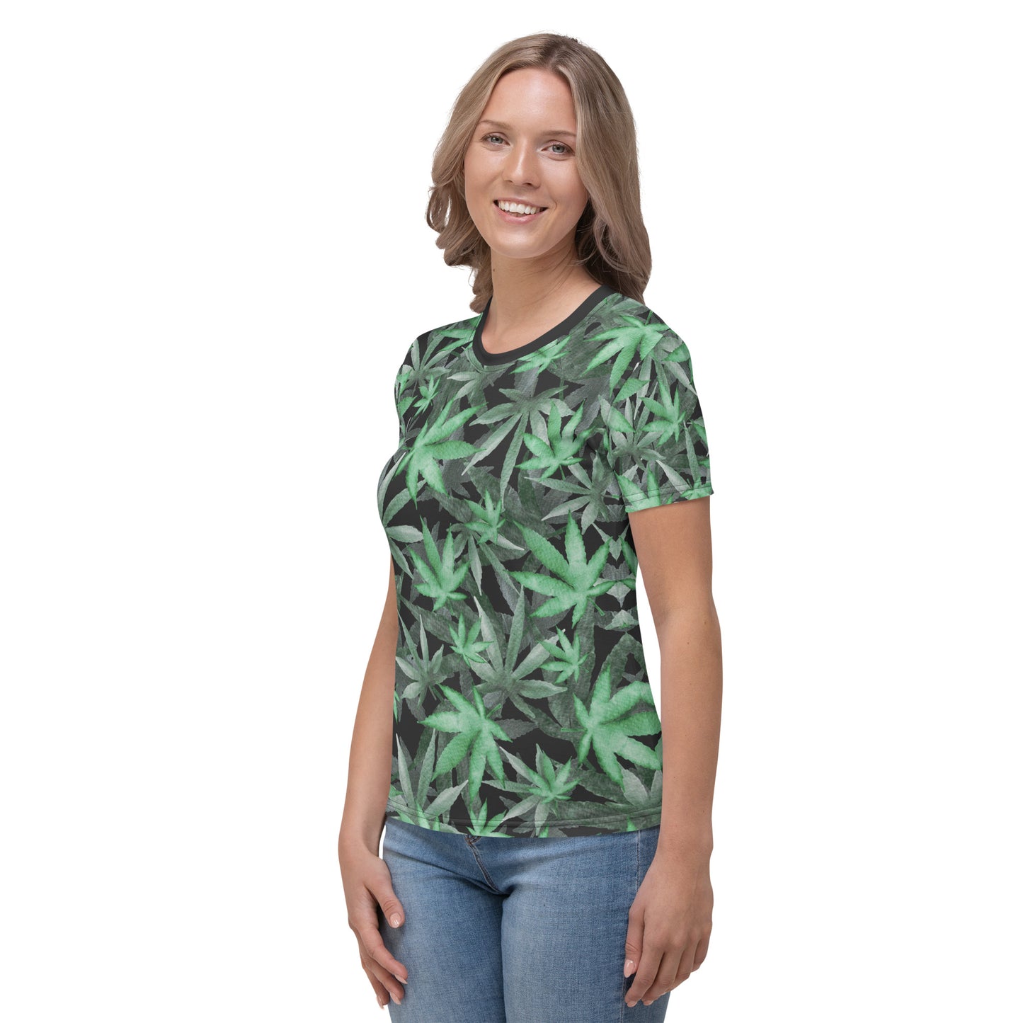 female model wearing Cannabis hemp leaves all over print women's T-shirt left view