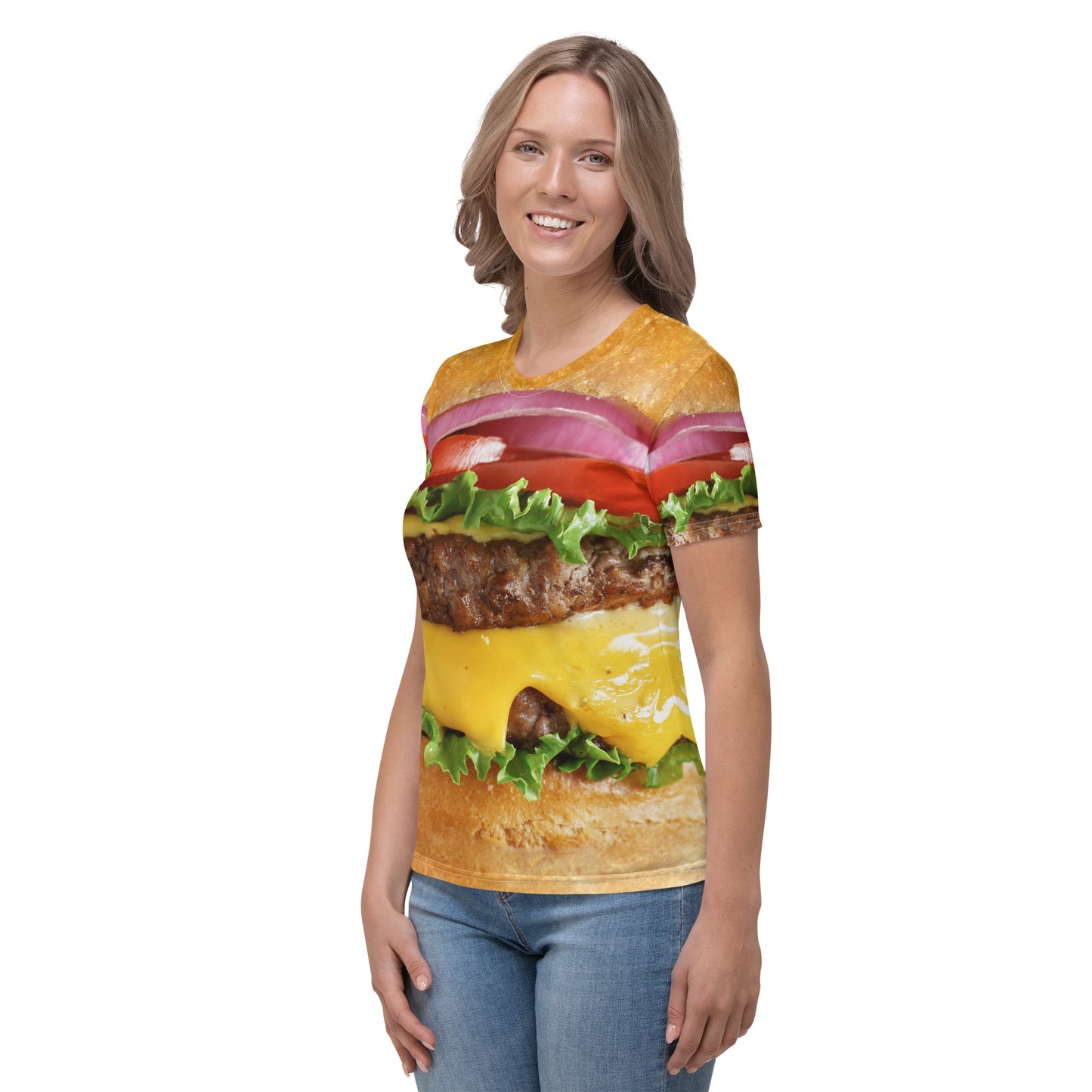 woman wearing Cheeseburger all over print women's T-shirt front left