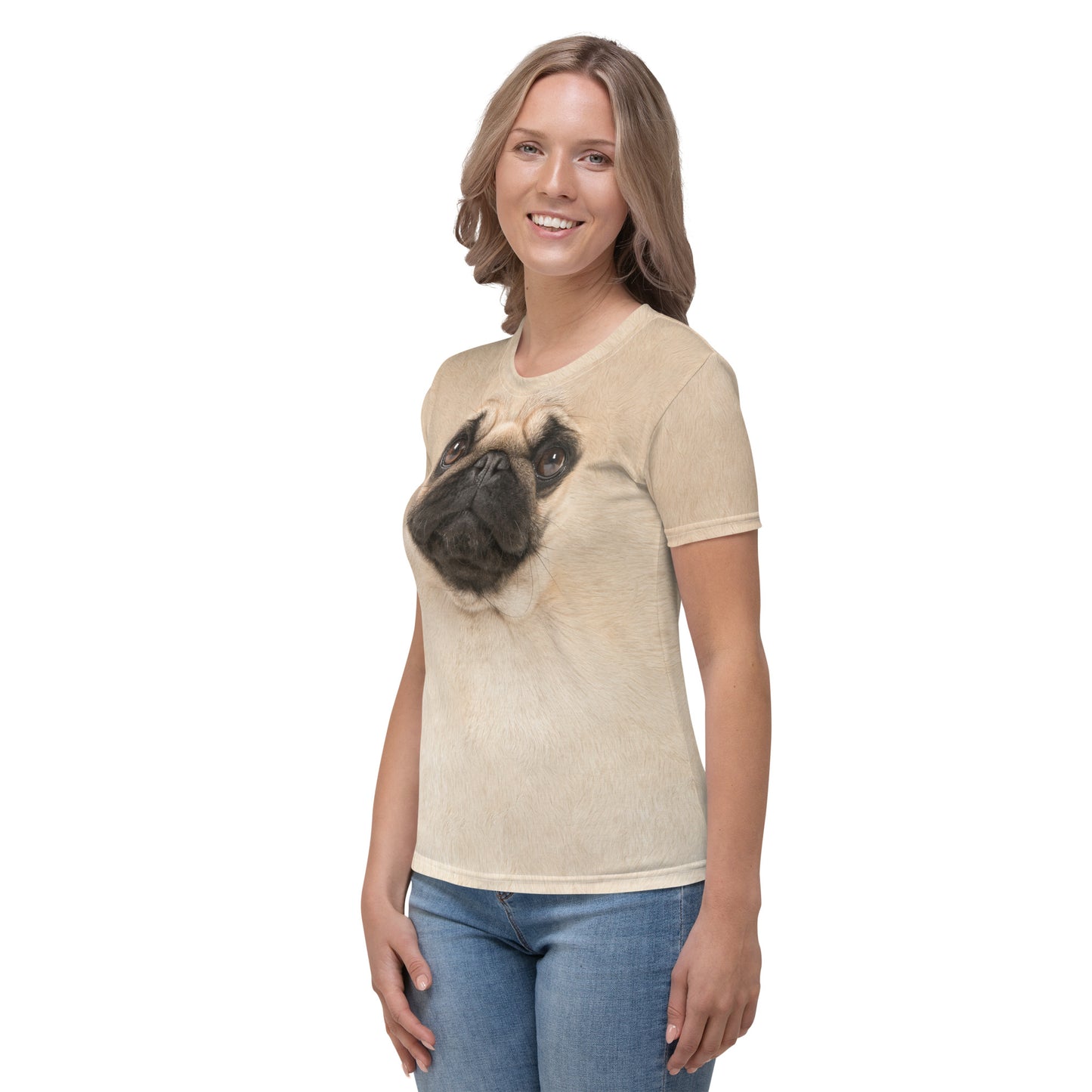 Pug Dog face all over print women's T-shirt female model left front view