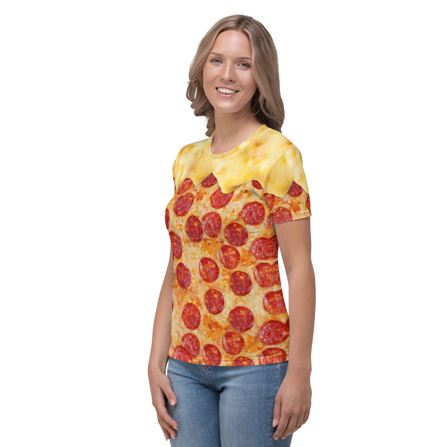 female model wearing Pepperoni pizza women's all over print T-shirt with melting cheese left front view