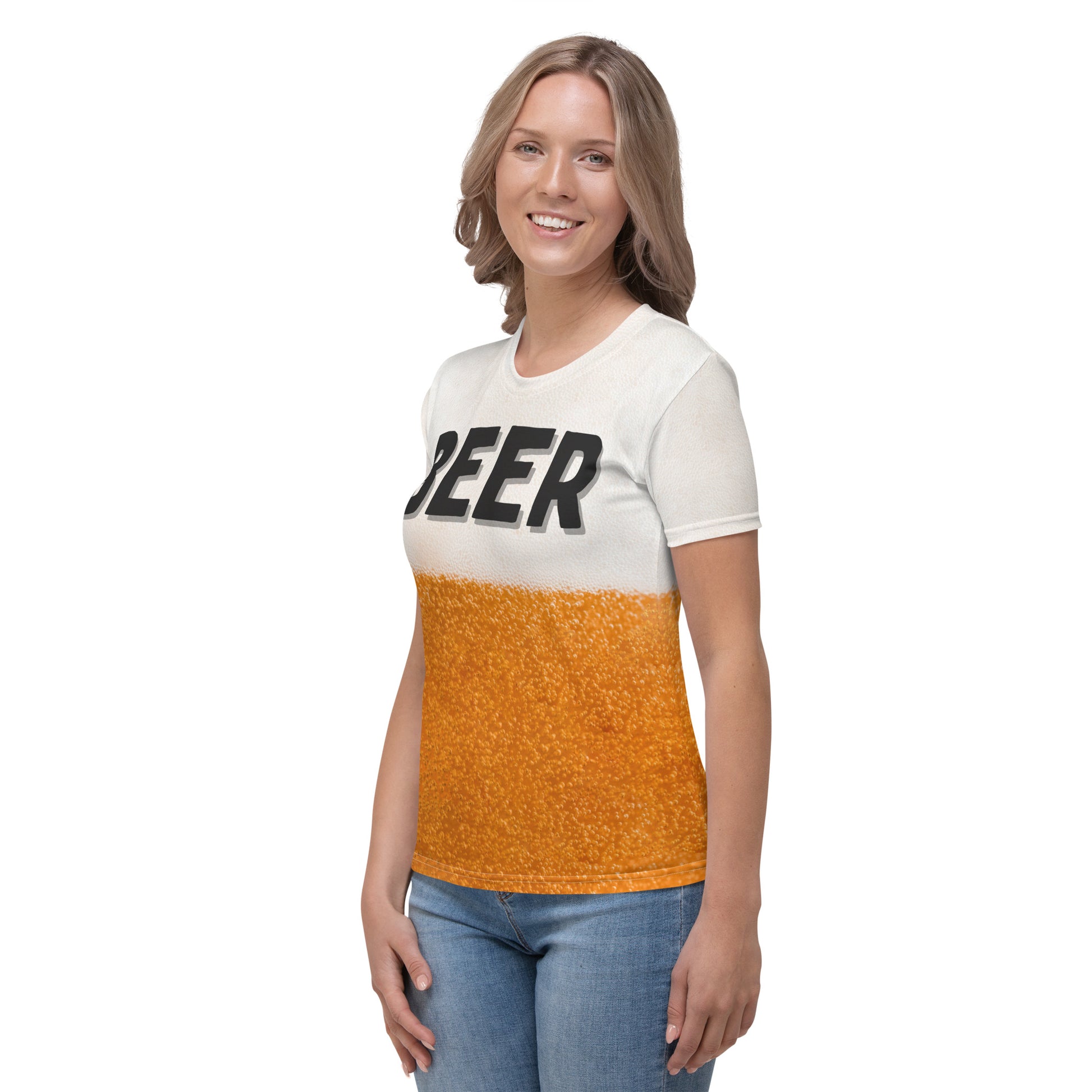 female model wearing Women's BEER BUBBLES all over print T-shirt front left