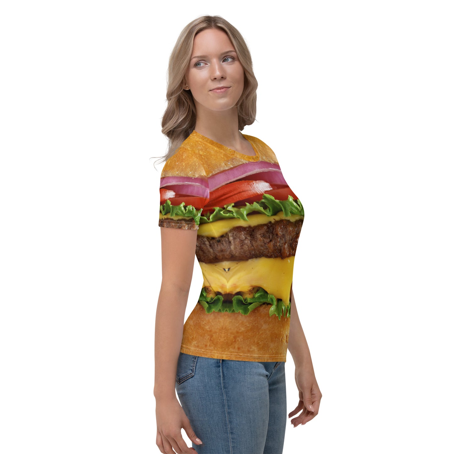 woman wearing Cheeseburger all over print women's T-shirt right view