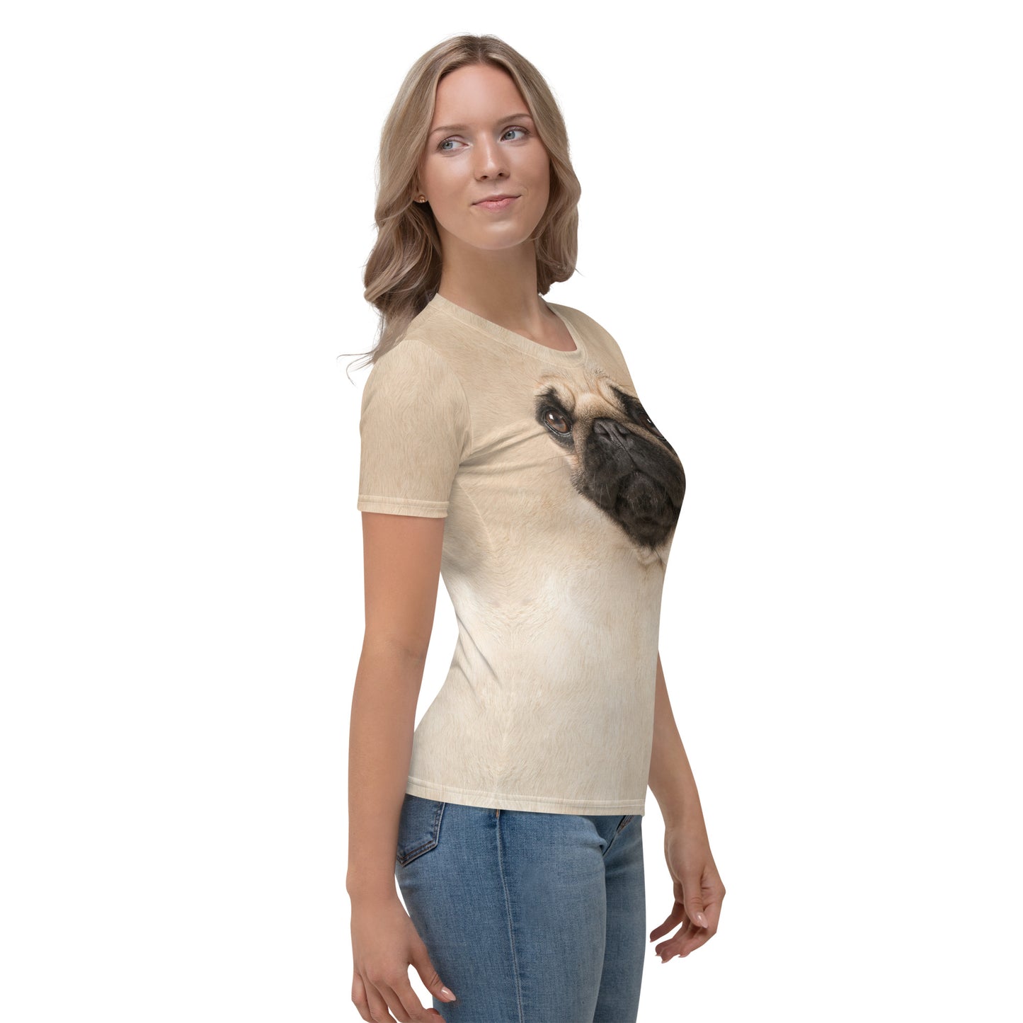 Pug Dog face all over print women's T-shirt female model right view