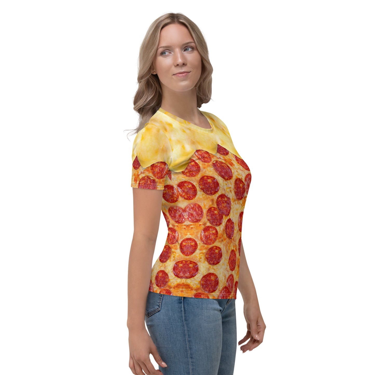 female model wearing Pepperoni pizza women's all over print T-shirt with melting cheese right view