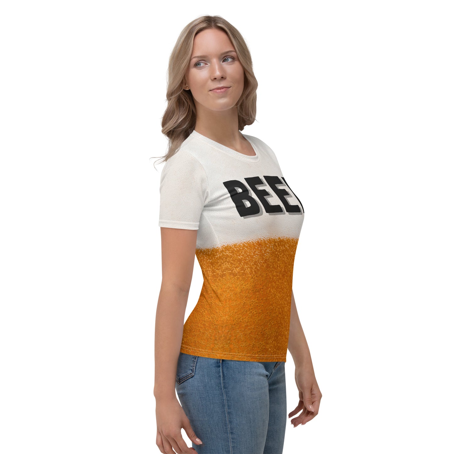 female model wearing Women's BEER BUBBLES all over print T-shirt front right